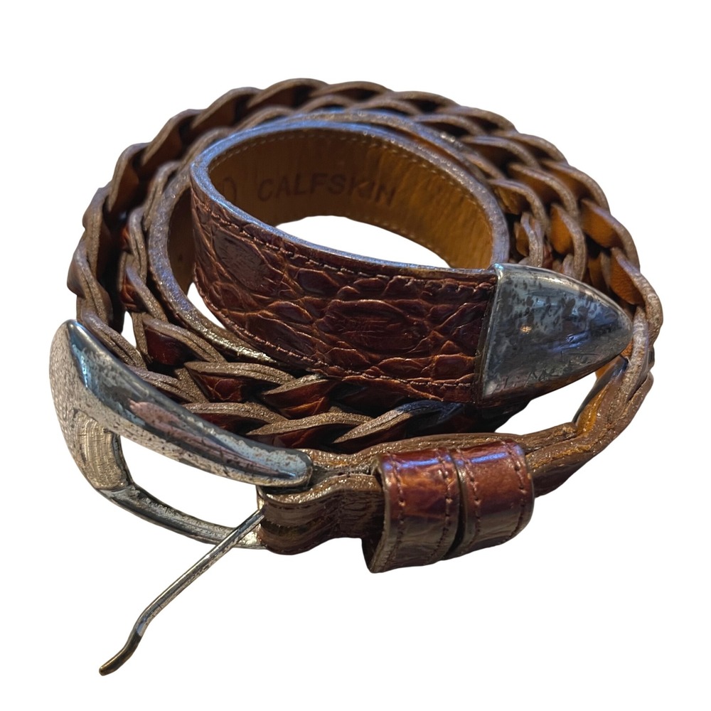 Joan & David Brown Leather Croc Embossed Braided Belt Medium Silver Buckle
